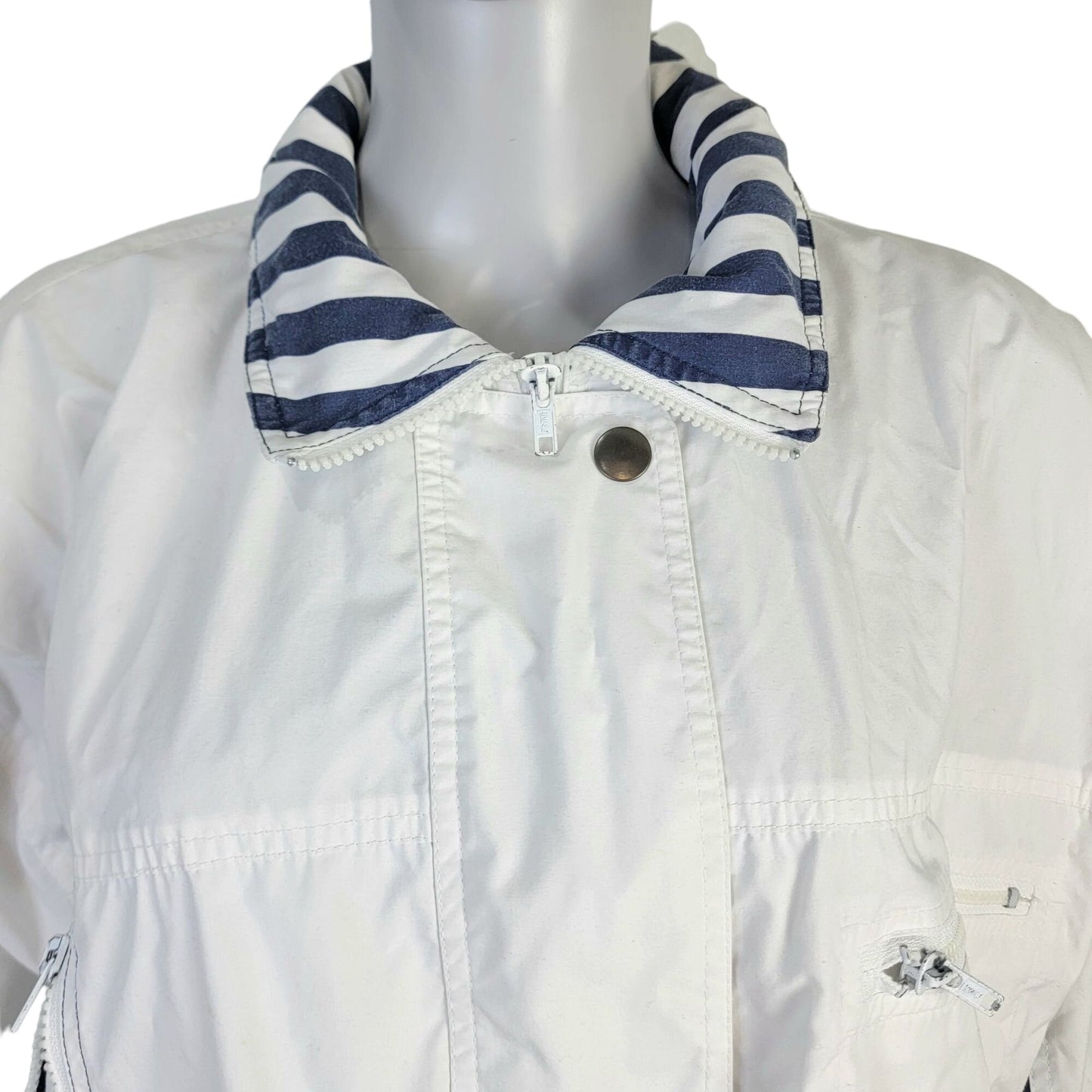 London Fog Vintage 80s Utility Jacket Women Large Hood Outdoors Coat White Blue