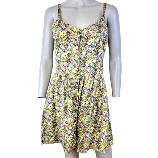 Vintage 90s Floral Mini Dress Women Medium Sundress Beige Green 8 10 Summer Fall