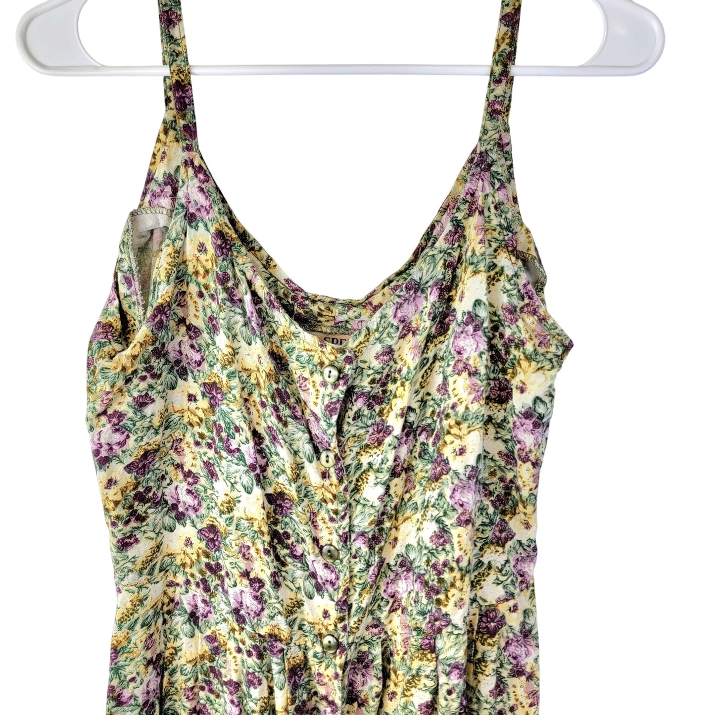 Vintage 90s Floral Mini Dress Women Medium Sundress Beige Green 8 10 Summer Fall
