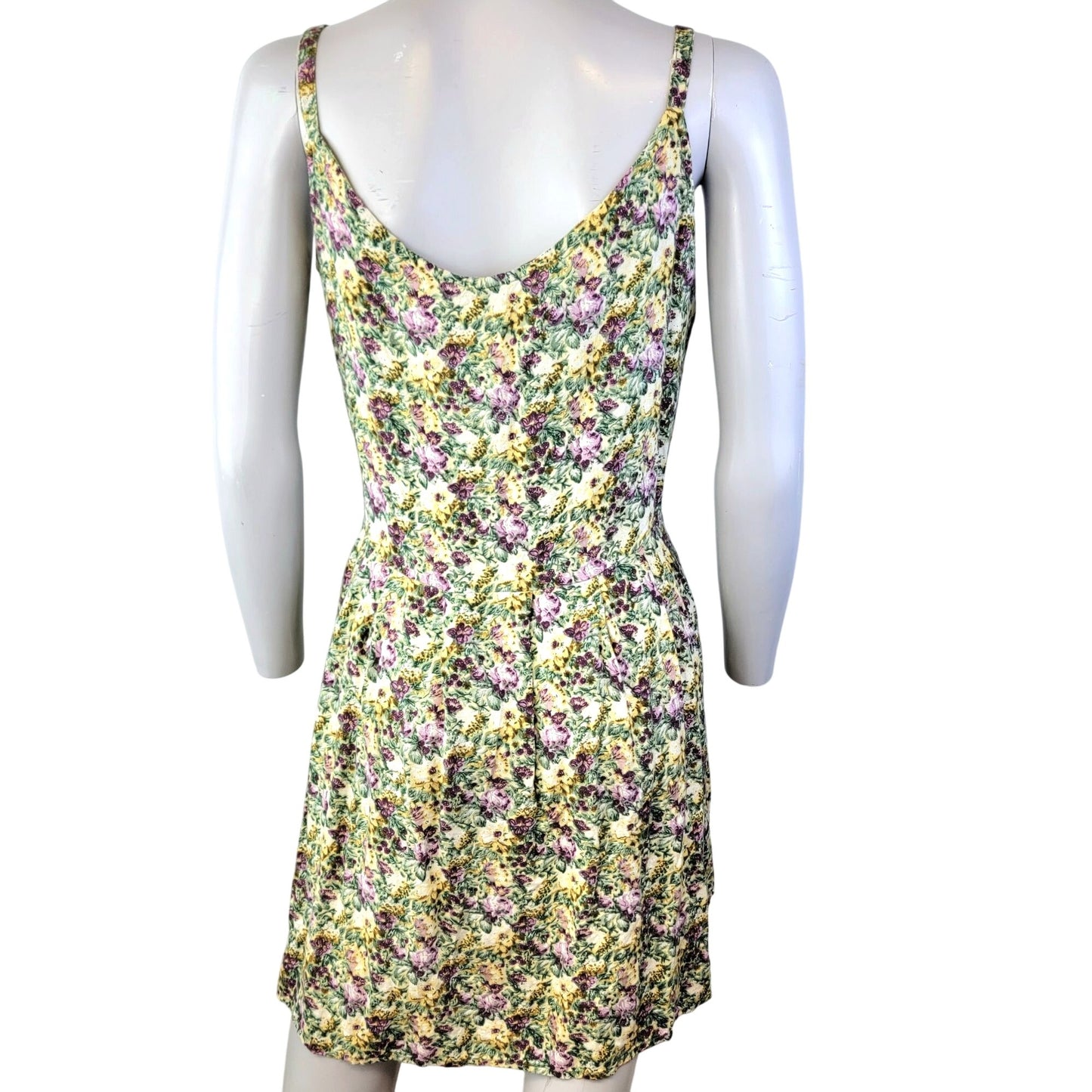 Vintage 90s Floral Mini Dress Women Medium Sundress Beige Green 8 10 Summer Fall