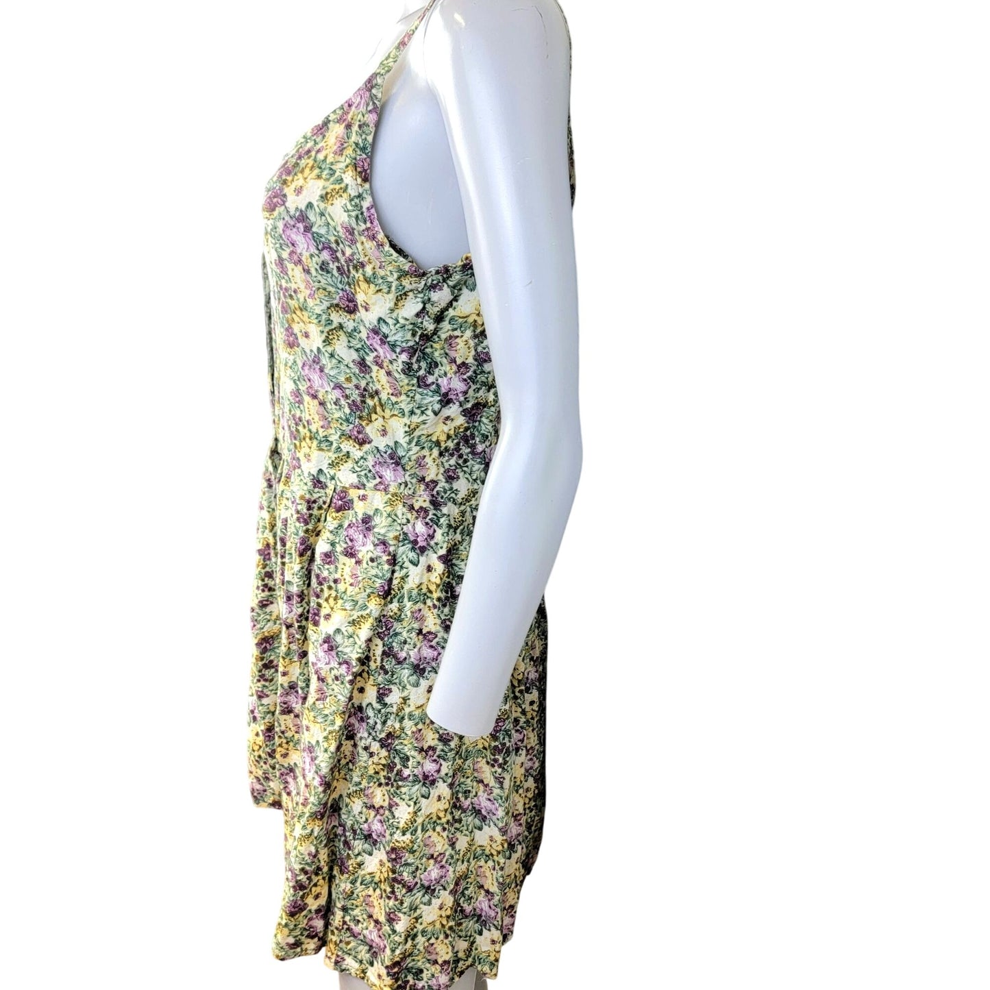 Vintage 90s Floral Mini Dress Women Medium Sundress Beige Green 8 10 Summer Fall