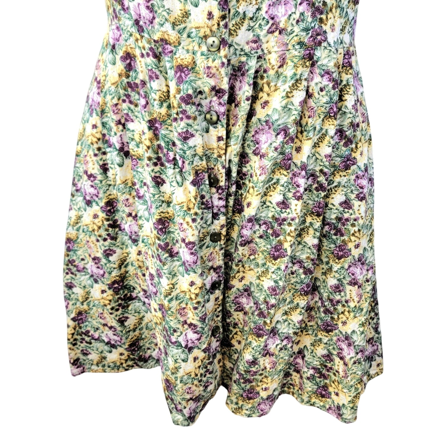 Vintage 90s Floral Mini Dress Women Medium Sundress Beige Green 8 10 Summer Fall