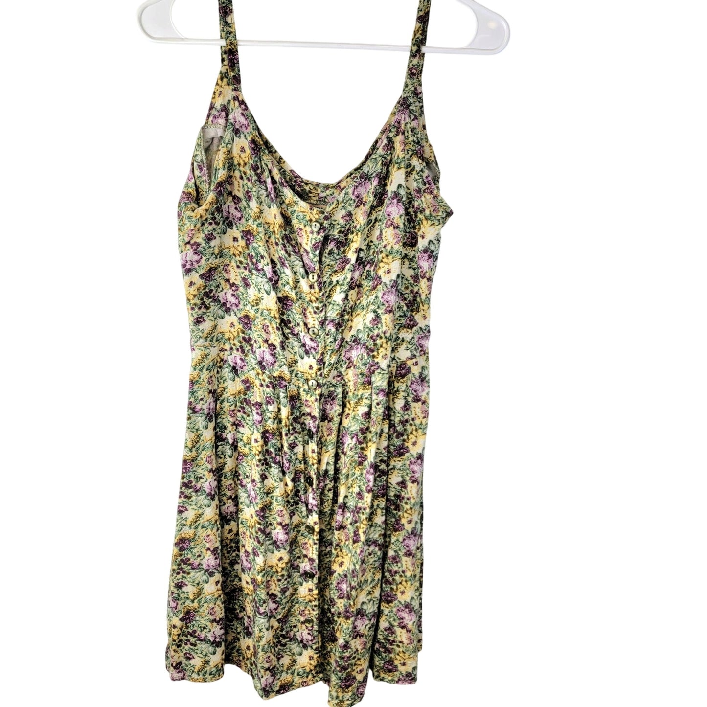 Vintage 90s Floral Mini Dress Women Medium Sundress Beige Green 8 10 Summer Fall