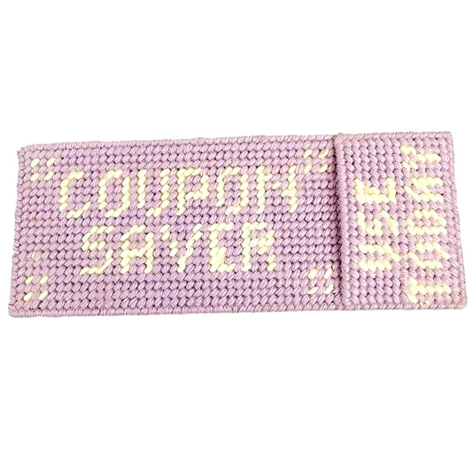 Vintage Coupon Saver Envelope Wallet Plastic Canvas Yarn Mesh Purple White Retro