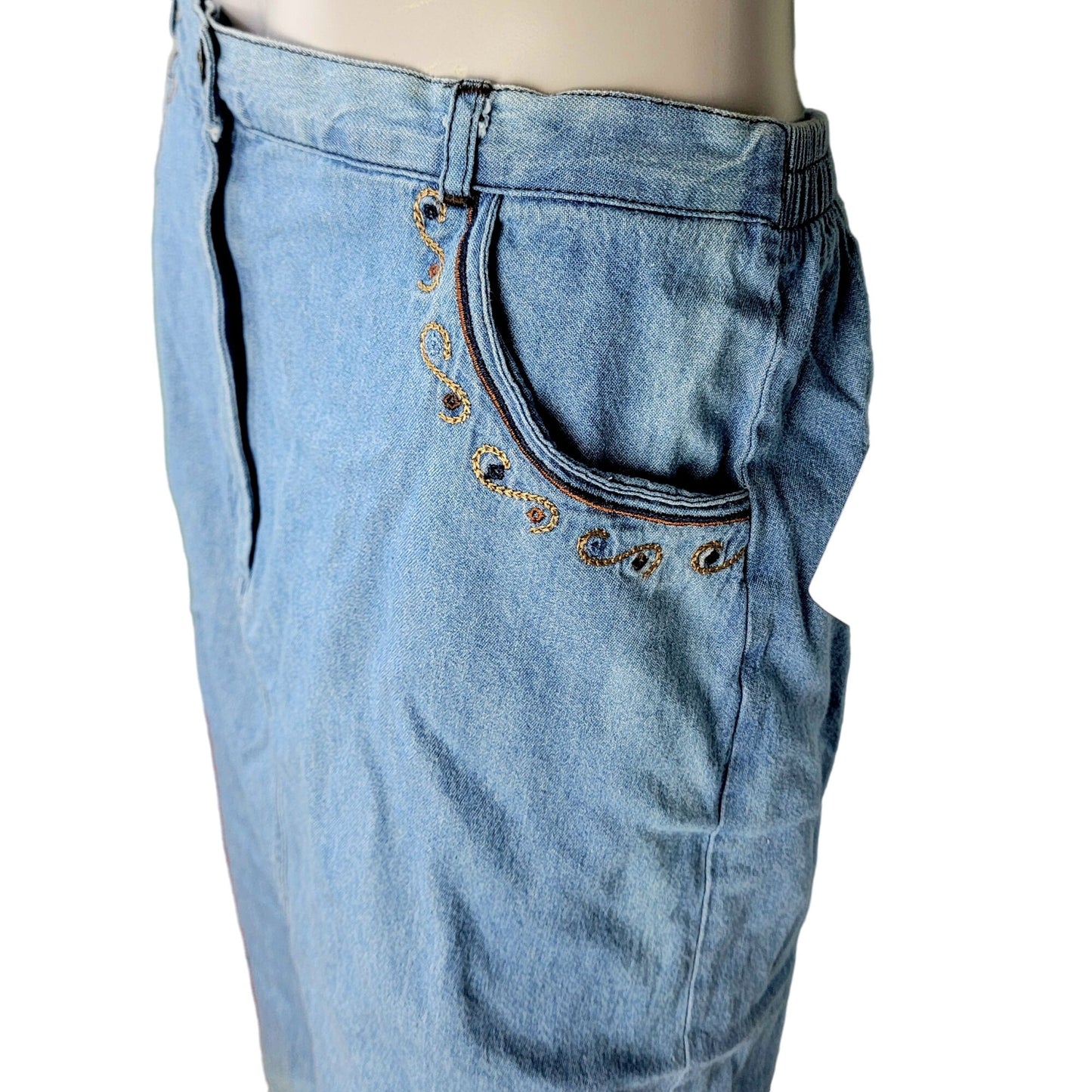 Vintage 90s Denim Midi Skirt Women Large Boho Western