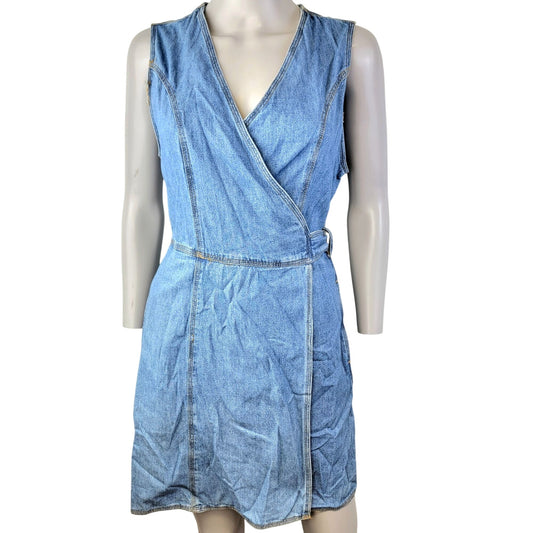 Vintage 90s Denim Mini Wrap Dress Women 4 Small Blue Jean Casual Sleeveless Fall