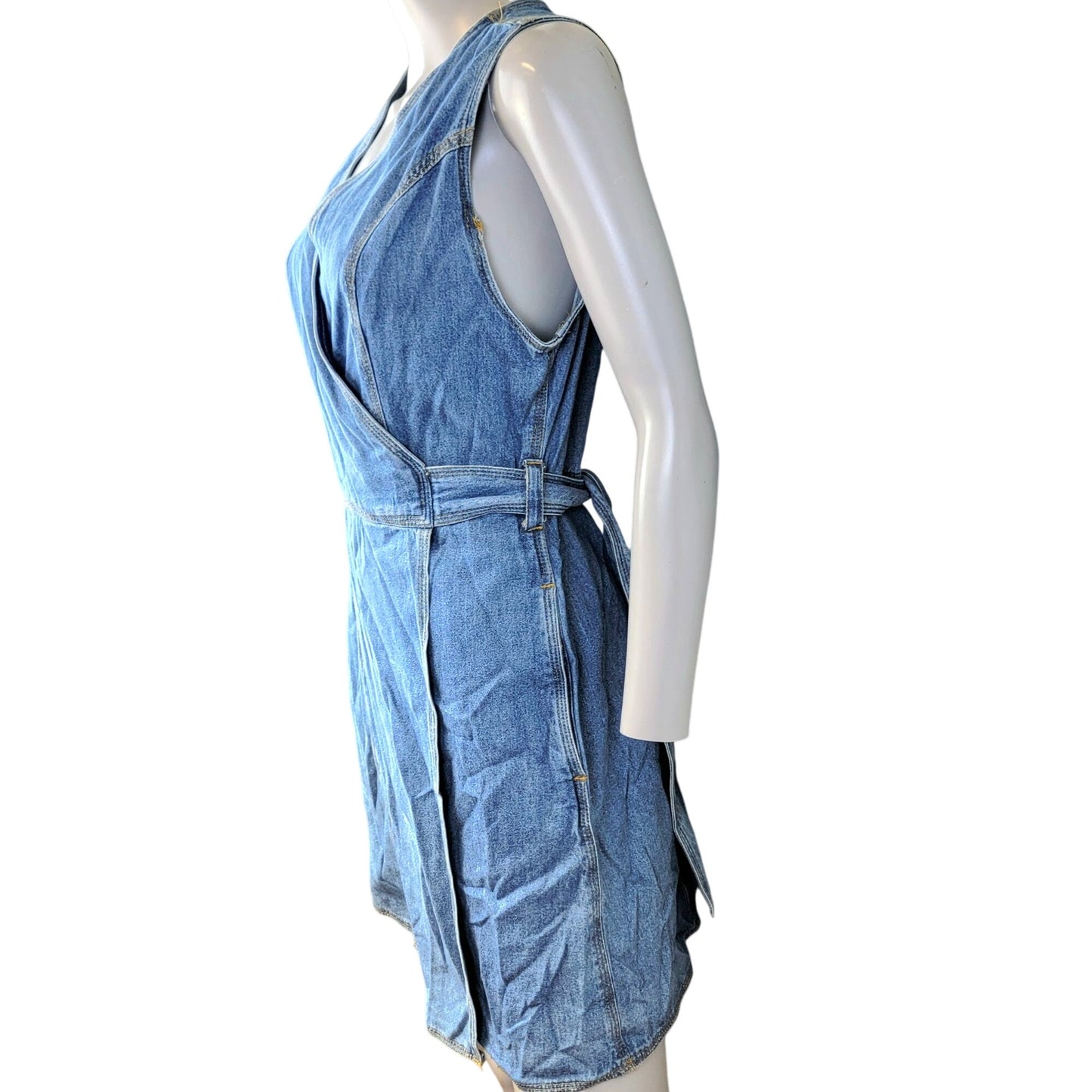 Vintage 90s Denim Mini Wrap Dress Women 4 Small Blue Jean Casual Sleeveless Fall