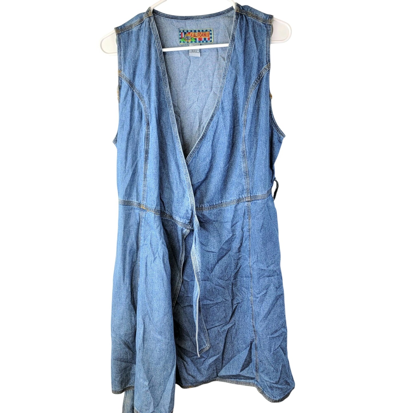 Vintage 90s Denim Mini Wrap Dress Women 4 Small Blue Jean Casual Sleeveless Fall