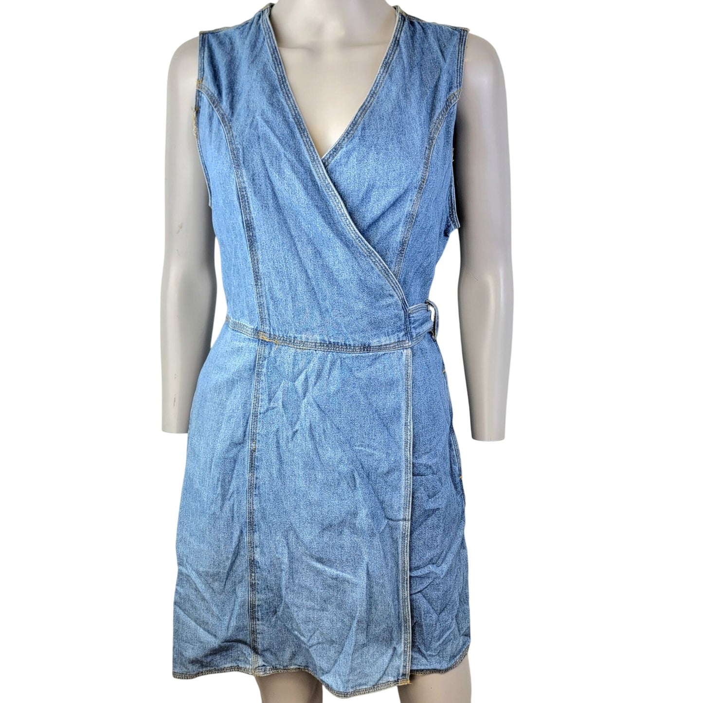 Vintage 90s Denim Mini Wrap Dress Women 4 Small Blue Jean Casual Sleeveless Fall