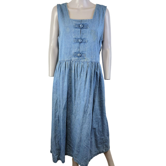 Vintage 90s Denim Midi Dress Women Large Teacher Casual Blue Jean