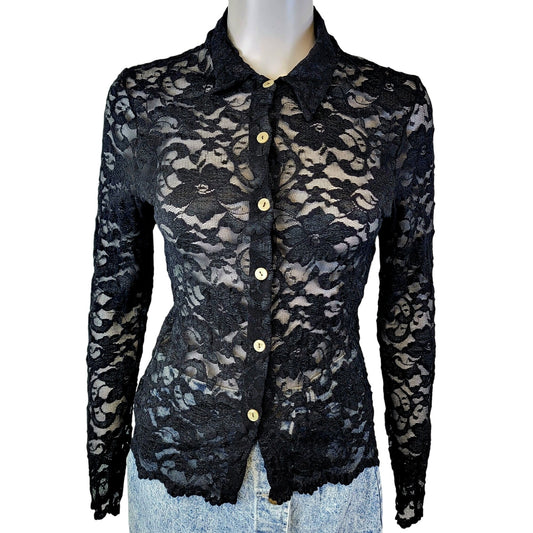 Vintage 90s Apostrophe Black Floral Mesh Shirt Women Small 4 6 Blouse Button Top