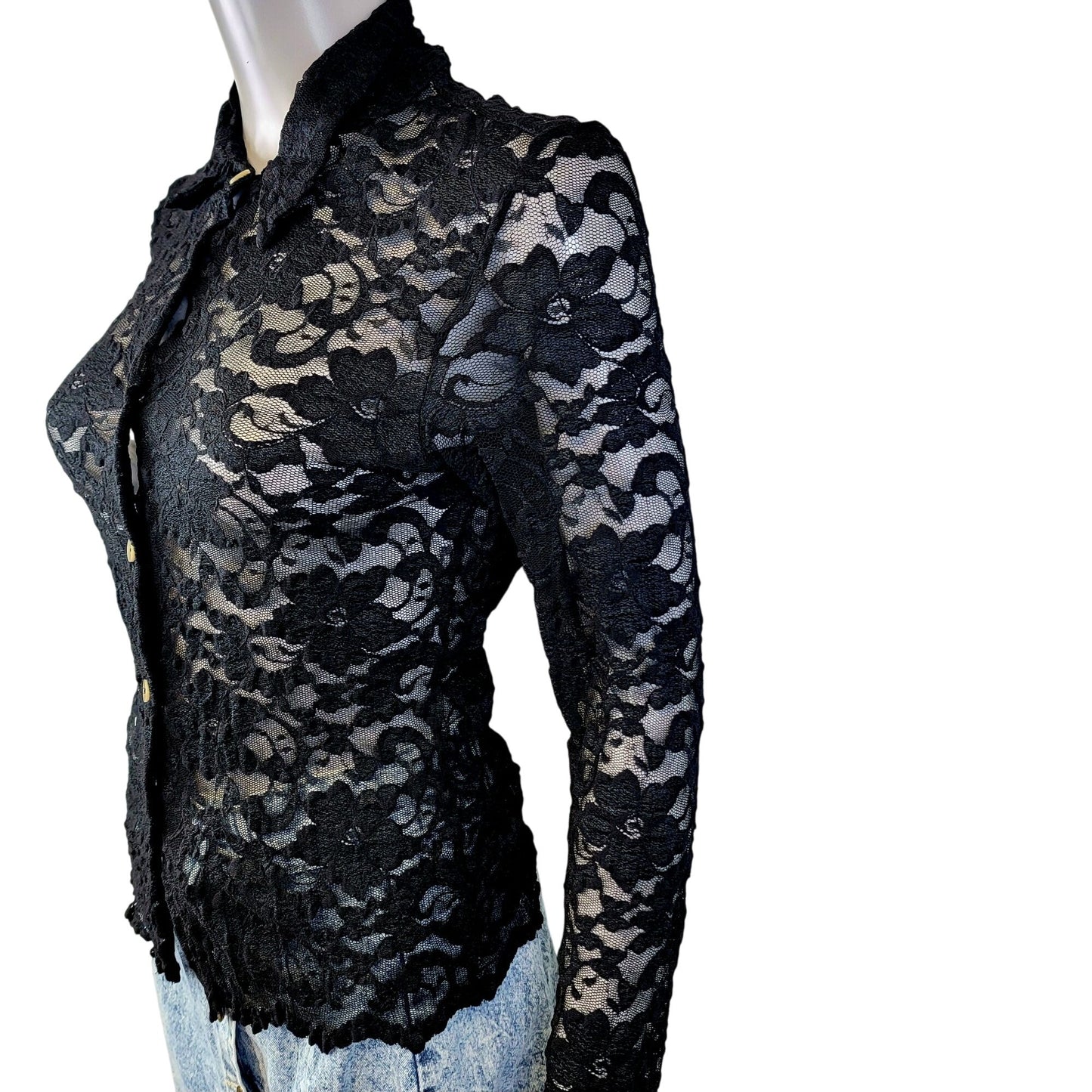 Vintage 90s Apostrophe Black Floral Mesh Shirt Women Small 4 6 Blouse Button Top