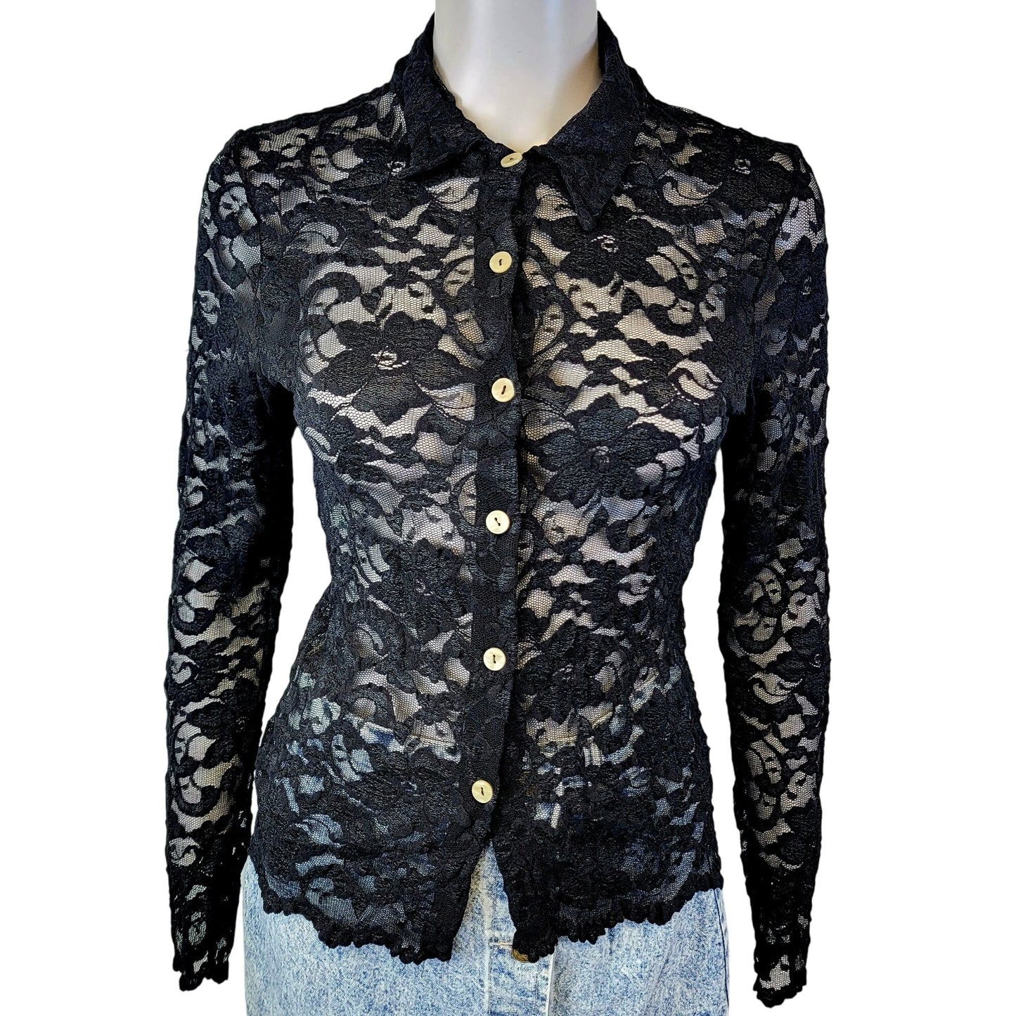 Vintage 90s Apostrophe Black Floral Mesh Shirt Women Small 4 6 Blouse Button Top