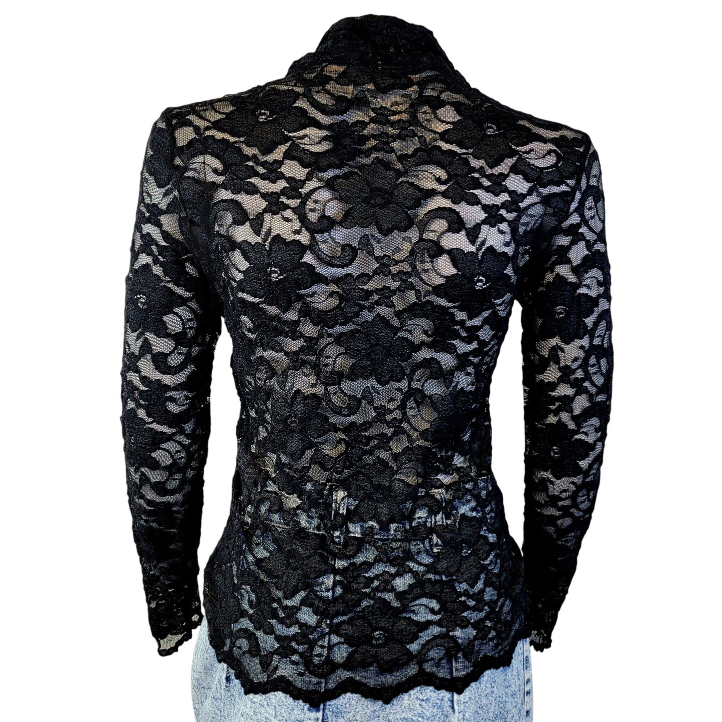 Vintage 90s Apostrophe Black Floral Mesh Shirt Women Small 4 6 Blouse Button Top