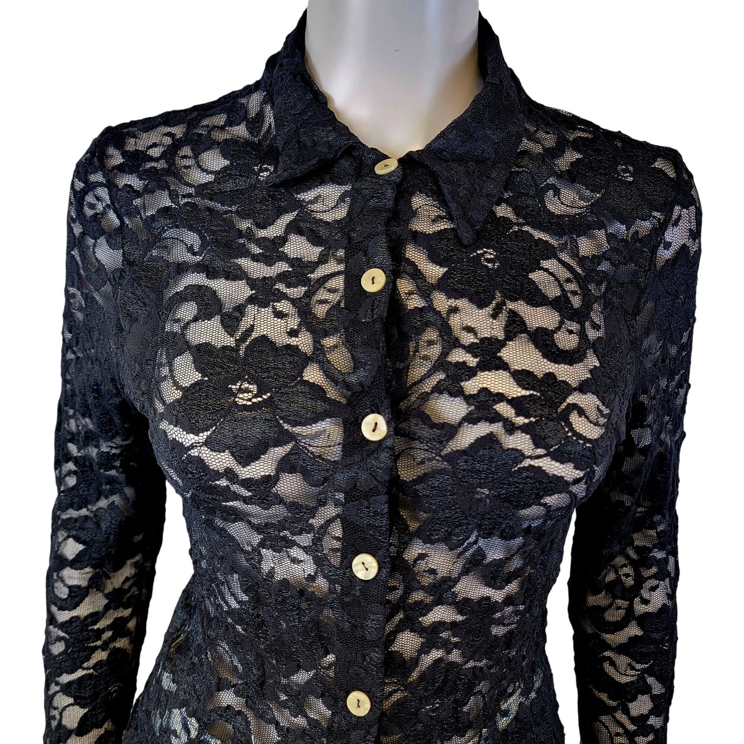 Vintage 90s Apostrophe Black Floral Mesh Shirt Women Small 4 6 Blouse Button Top