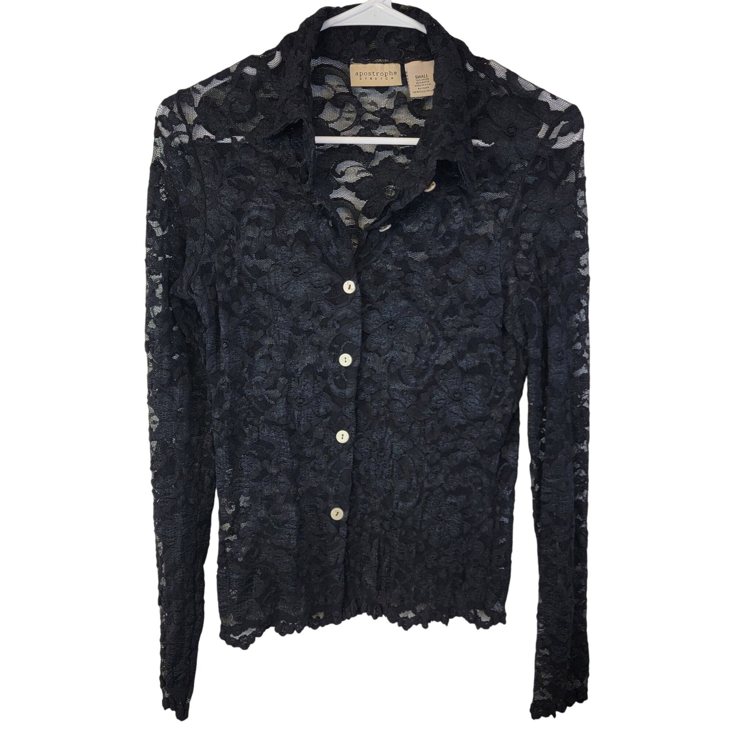 Vintage 90s Apostrophe Black Floral Mesh Shirt Women Small 4 6 Blouse Button Top