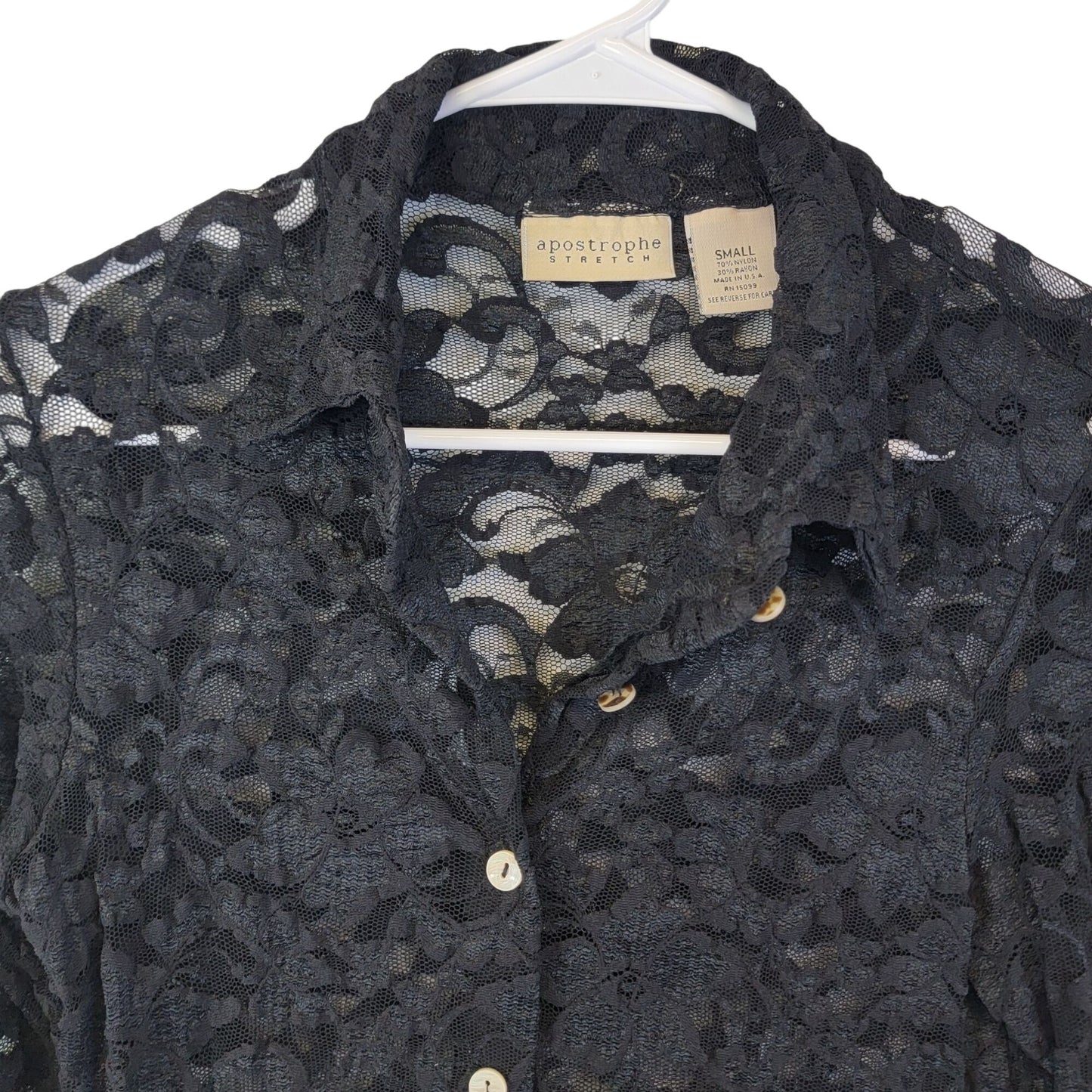 Vintage 90s Apostrophe Black Floral Mesh Shirt Women Small 4 6 Blouse Button Top