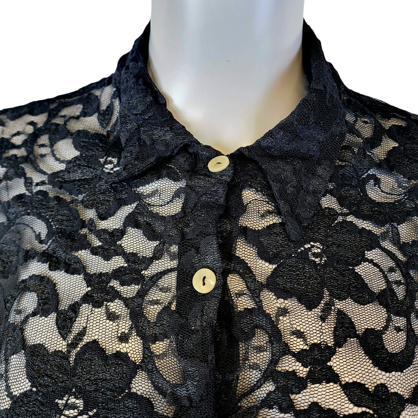 Vintage 90s Apostrophe Black Floral Mesh Shirt Women Small 4 6 Blouse Button Top