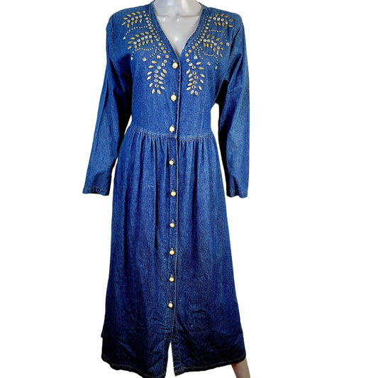 Vintage 90s Denim Midi Dress Women Medium Teacher Embellished