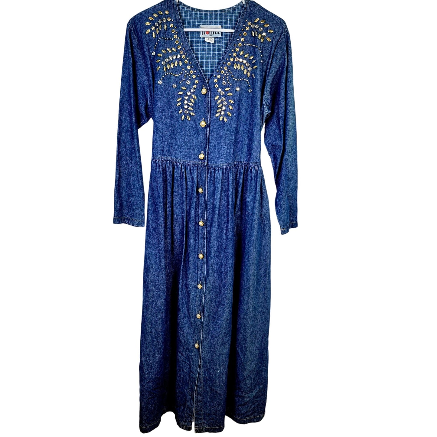 Vintage 90s Denim Midi Dress Women Medium Teacher Embellished