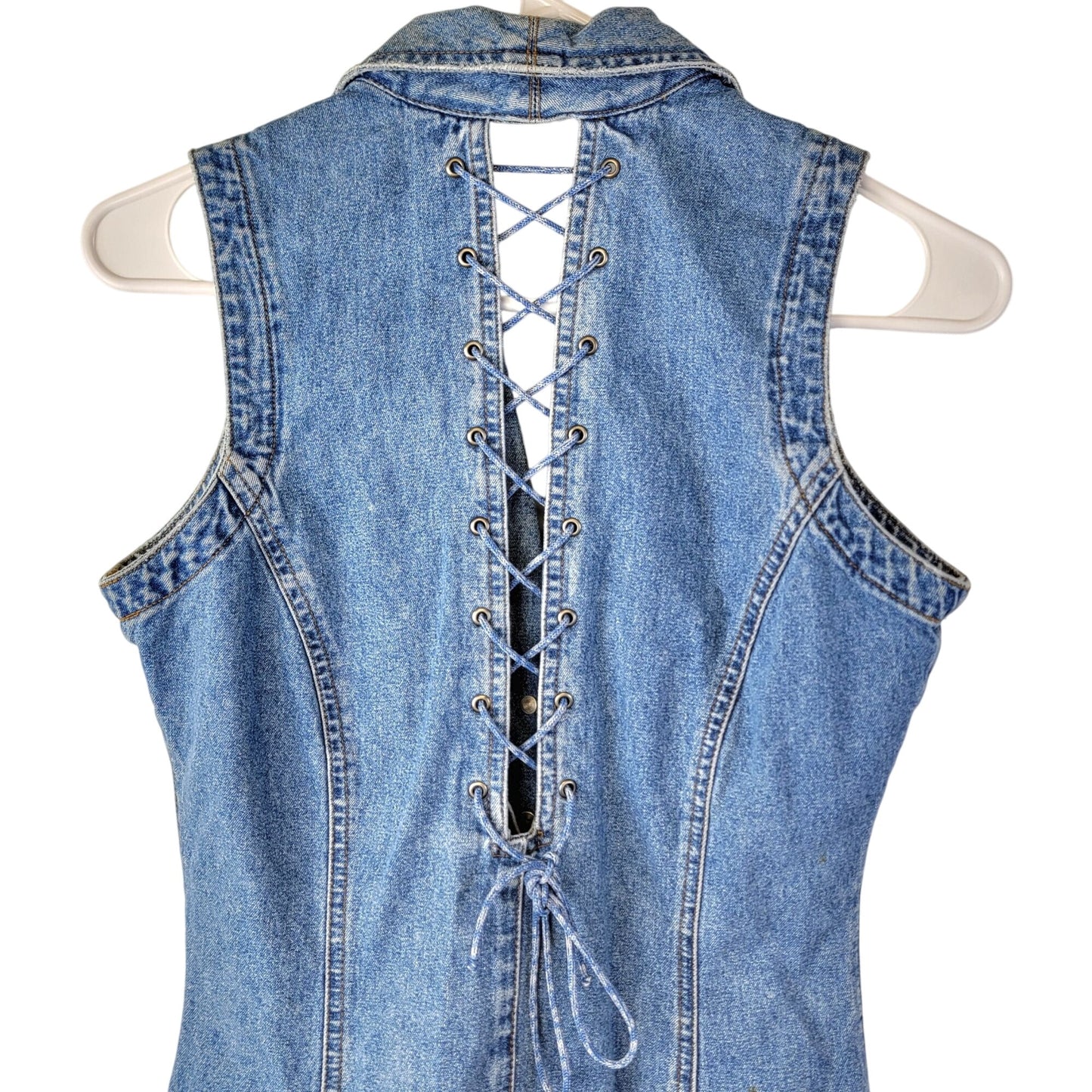 Squeeze Jeans Vintage 90s Denim Mini Dress Women Small Lace Up Button Sexy Retro