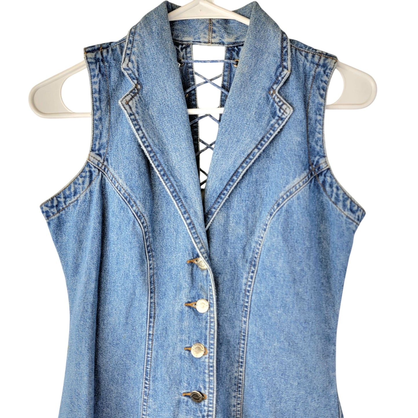 Squeeze Jeans Vintage 90s Denim Mini Dress Women Small Lace Up Button Sexy Retro