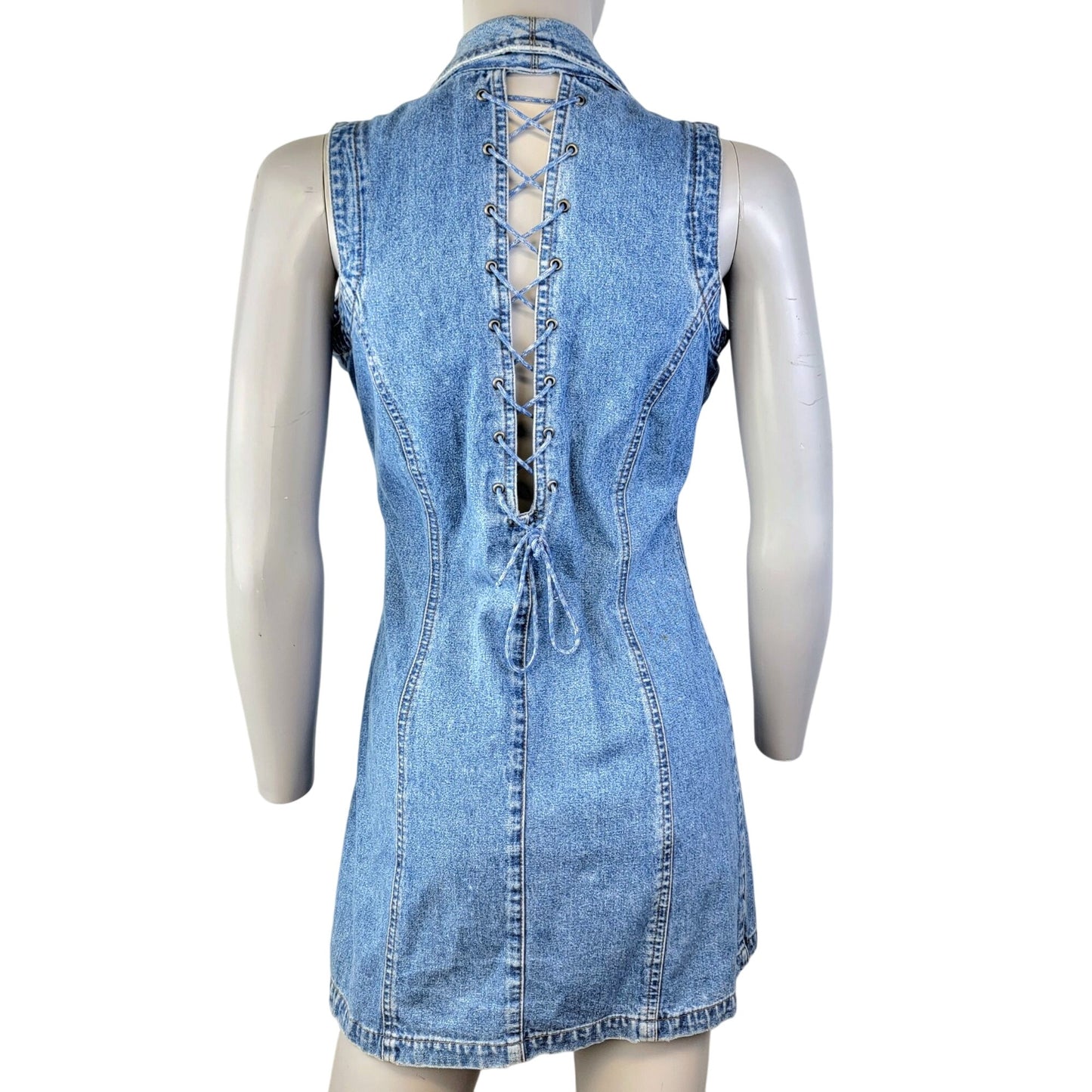 Squeeze Jeans Vintage 90s Denim Mini Dress Women Small Lace Up Button Sexy Retro