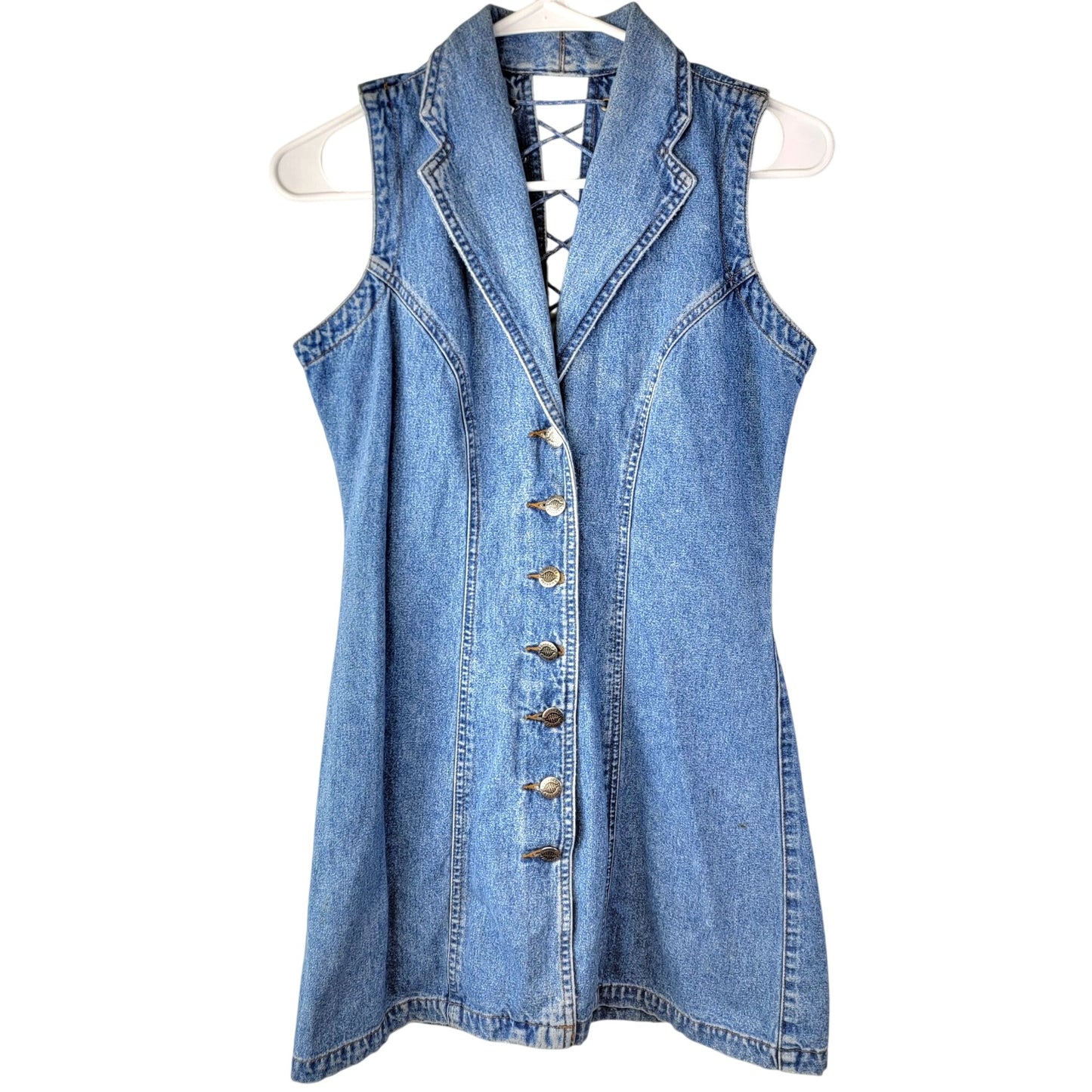 Squeeze Jeans Vintage 90s Denim Mini Dress Women Small Lace Up Button Sexy Retro