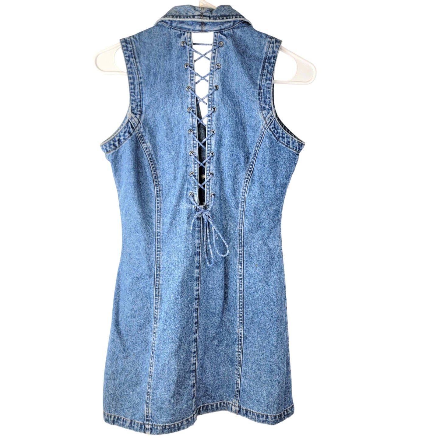 Squeeze Jeans Vintage 90s Denim Mini Dress Women Small Lace Up Button Sexy Retro