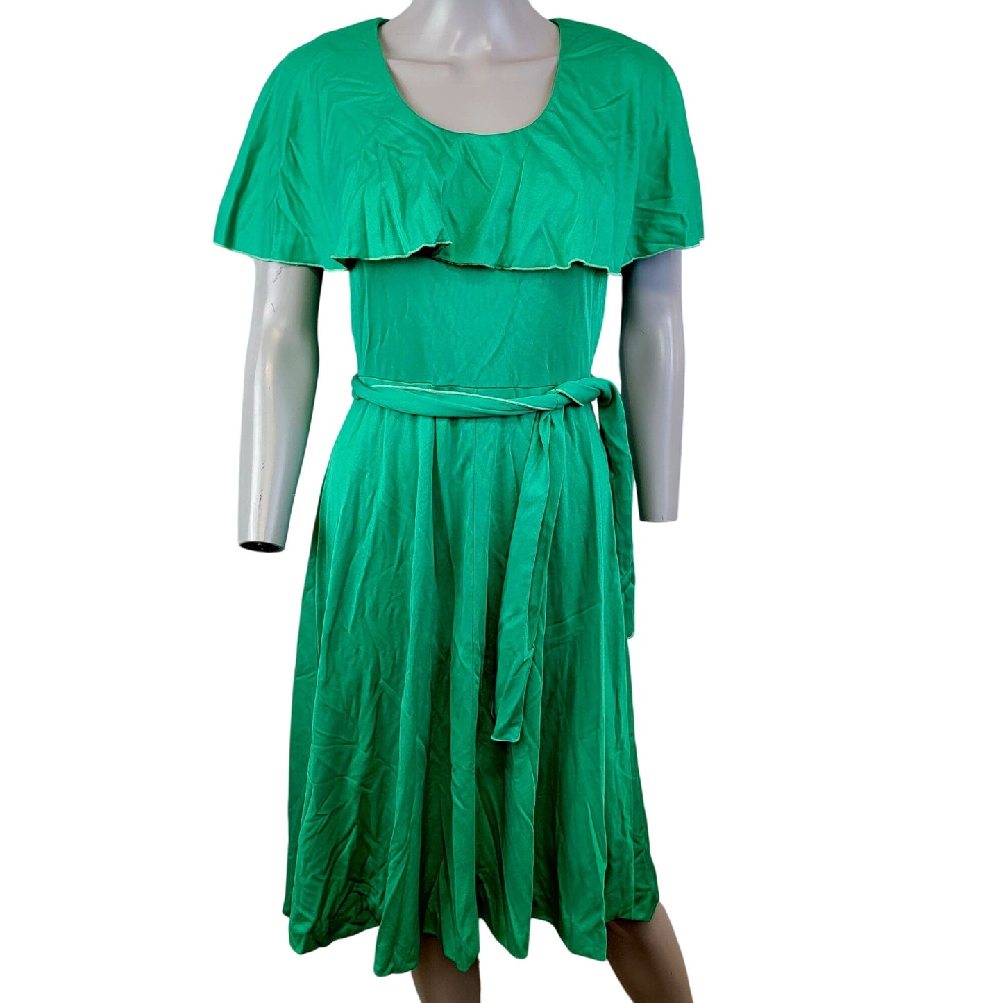 Vintage 70s Green Tiered Midi Dress Women Small 4 6 Fit Flare Formal
