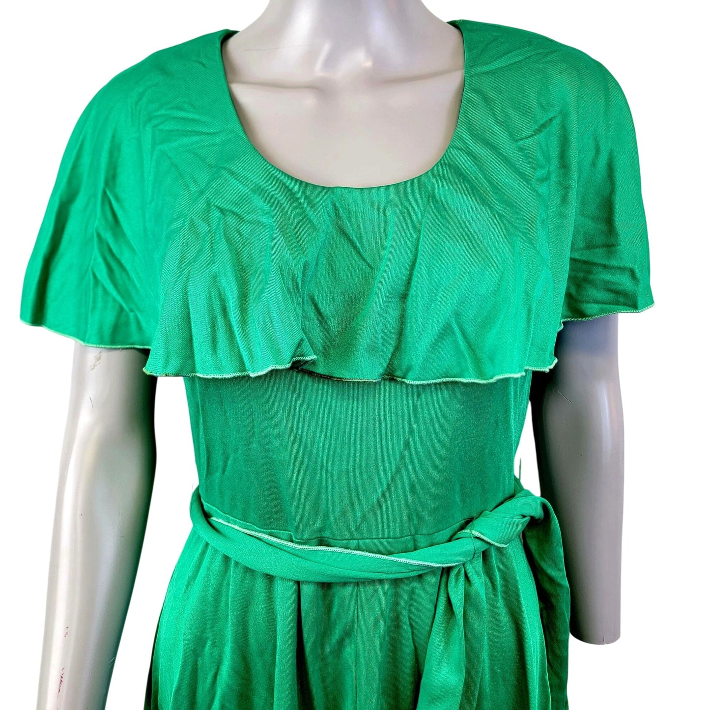Vintage 70s Green Tiered Midi Dress Women Small 4 6 Fit Flare Formal