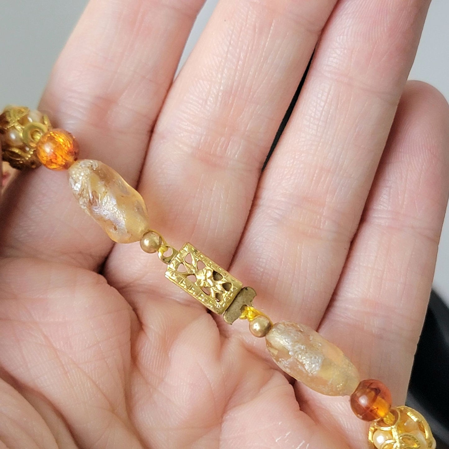 Vintage 60s Beaded Necklace Women Jewelry Gold Pink Peach 17 inch