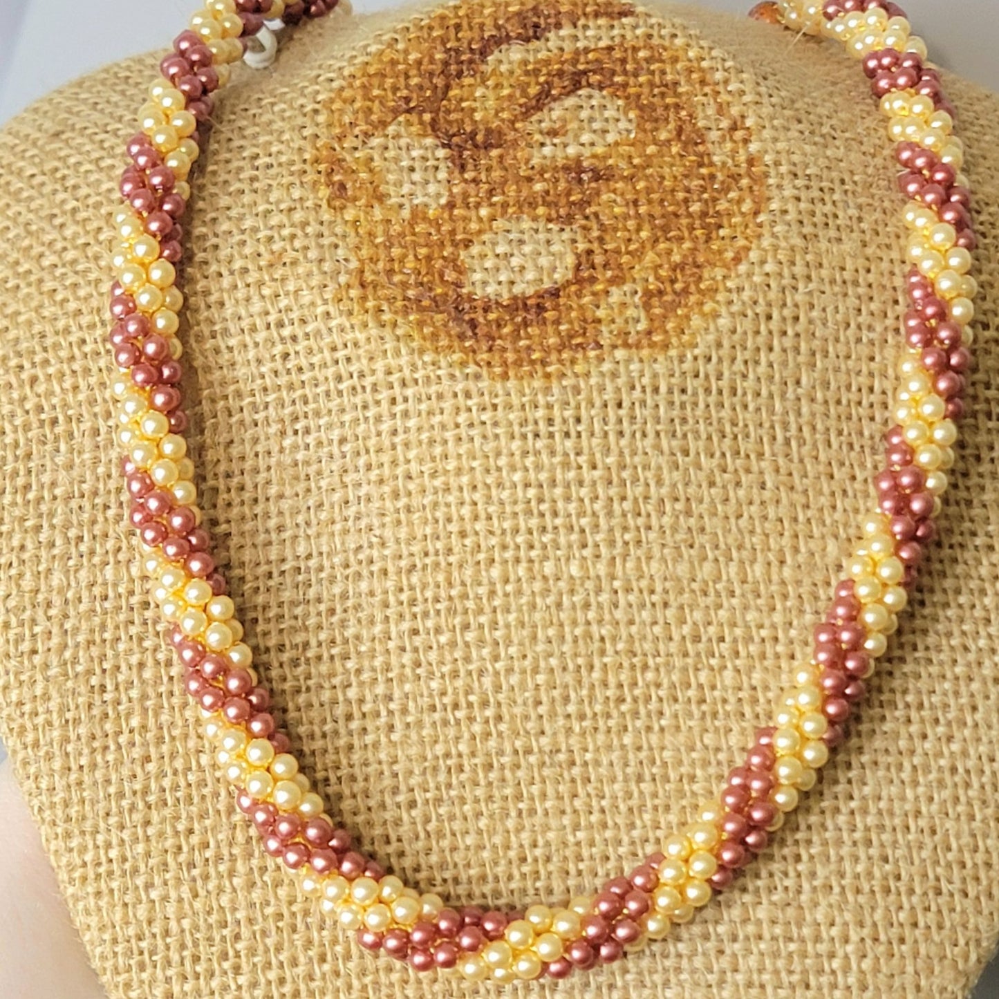 Vintage 60s Beaded Necklace Women Jewelry Gold Pink Peach 17 inch
