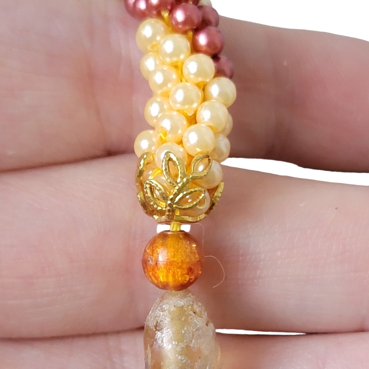 Vintage 60s Beaded Necklace Women Jewelry Gold Pink Peach 17 inch