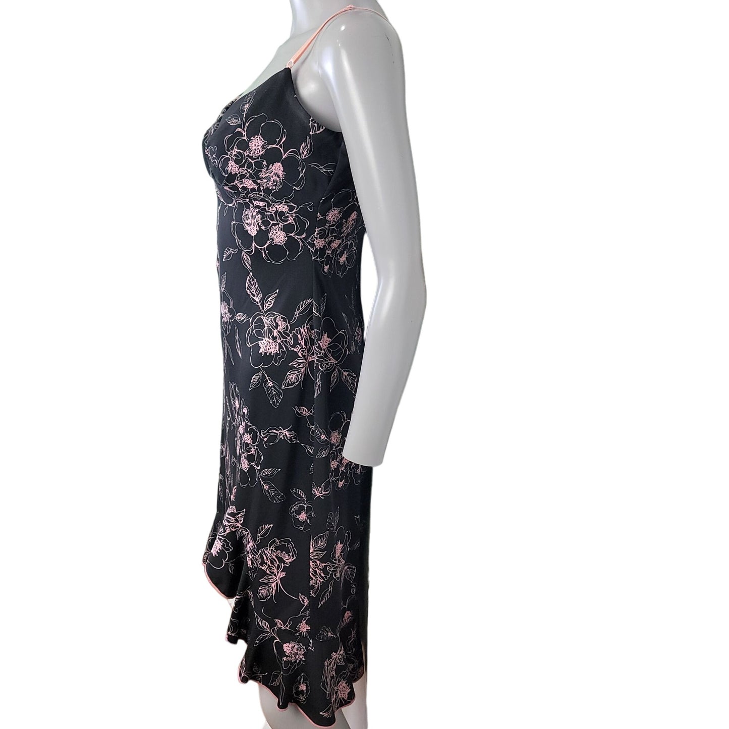 Vintage 90s Floral Dress Women Medium 8 Ruffle Knee Length Black Pink New