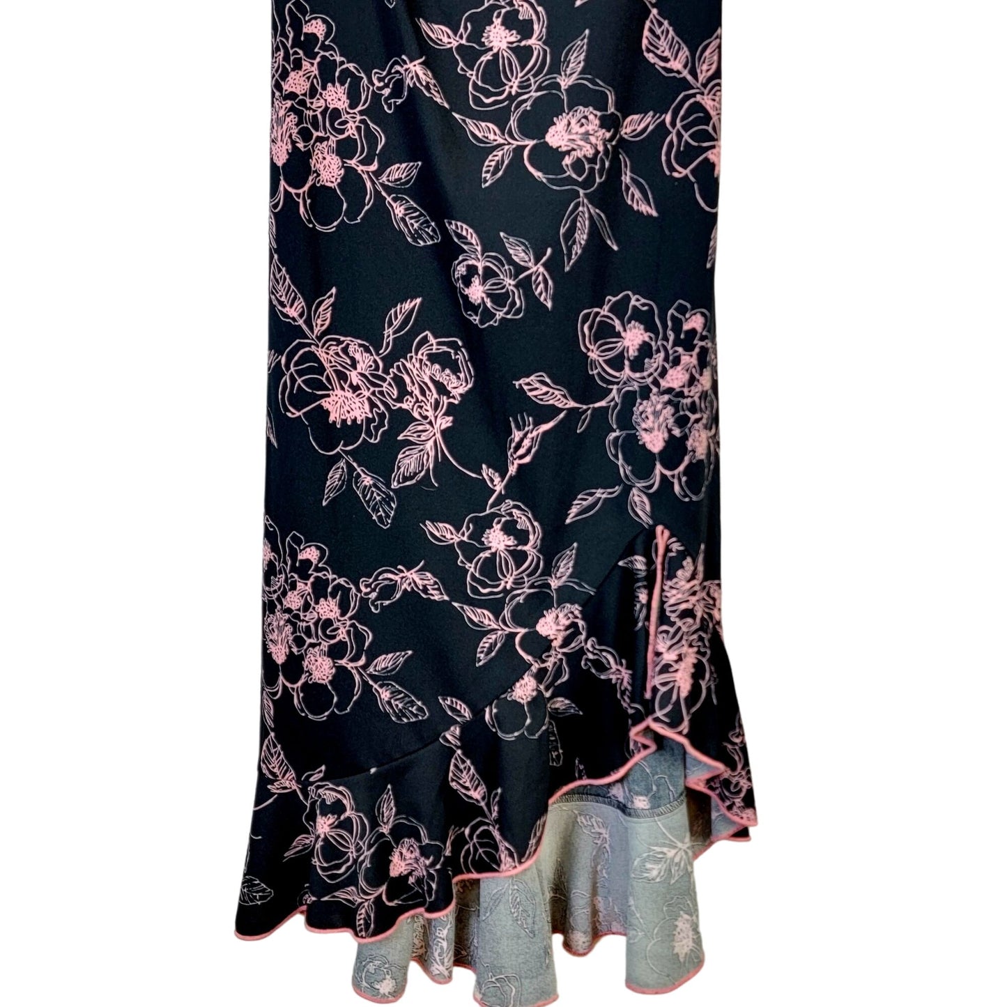 Vintage 90s Floral Dress Women Medium 8 Ruffle Knee Length Black Pink New