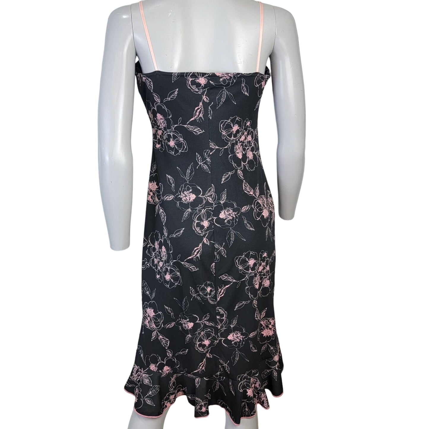 Vintage 90s Floral Dress Women Medium 8 Ruffle Knee Length Black Pink New