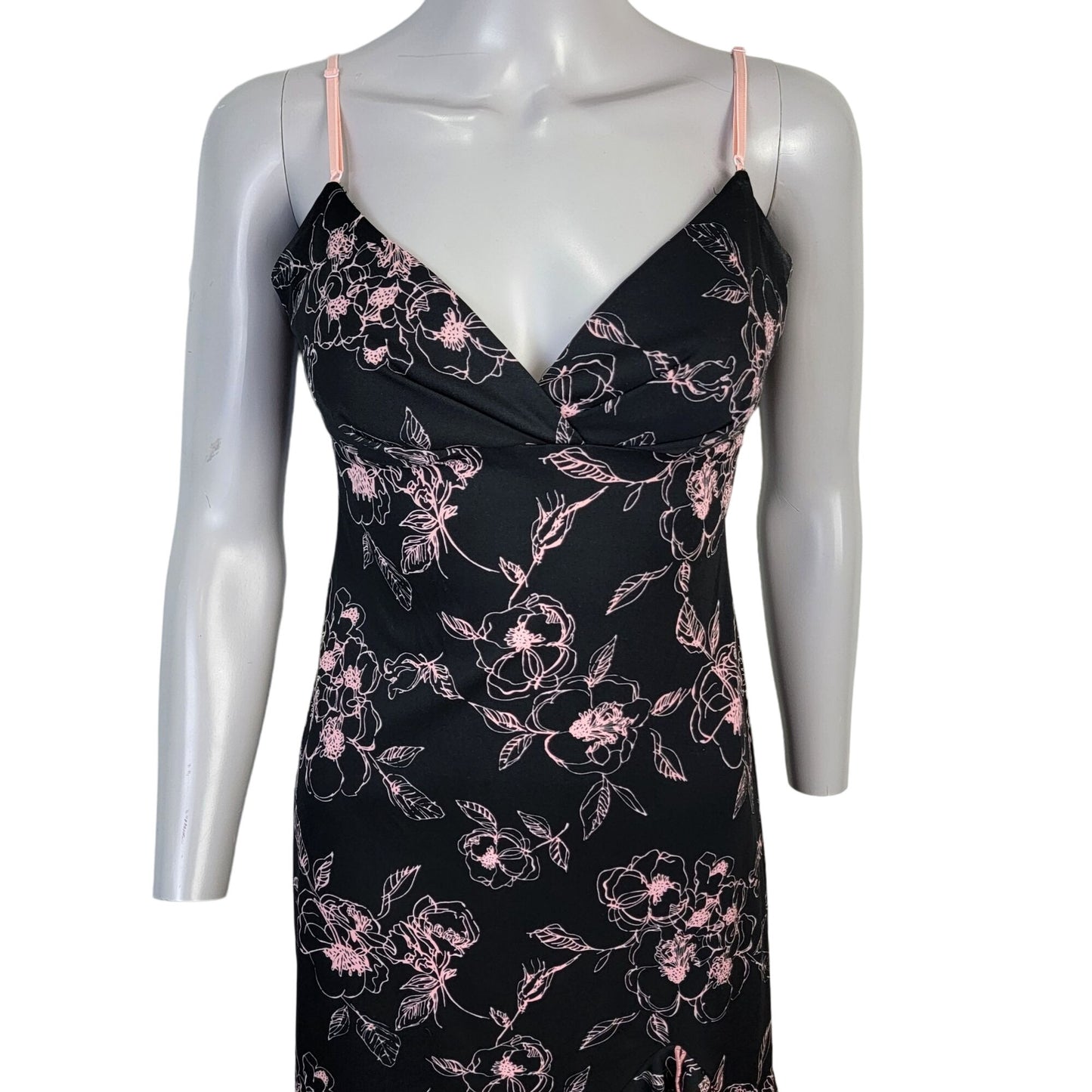 Vintage 90s Floral Dress Women Medium 8 Ruffle Knee Length Black Pink New