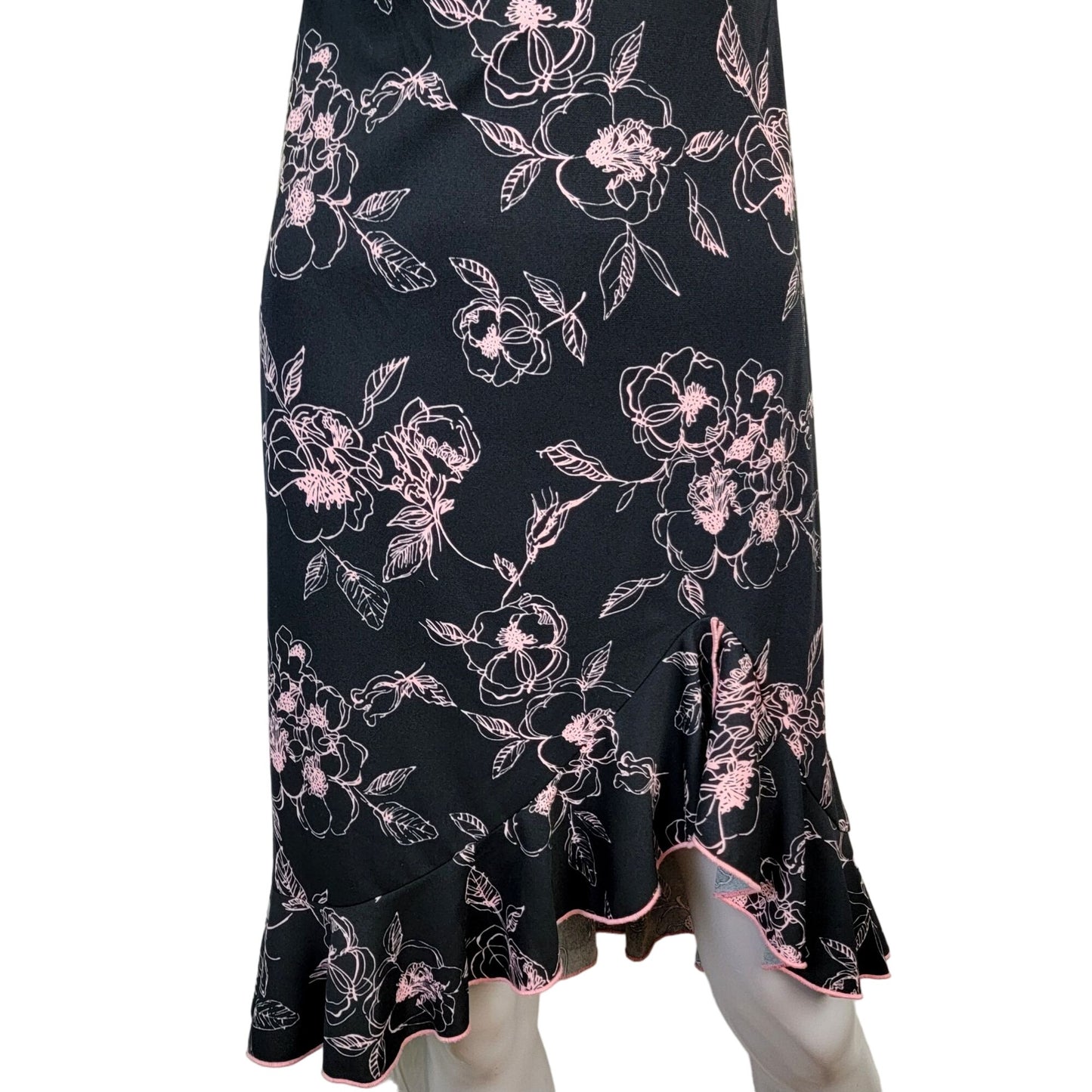 Vintage 90s Floral Dress Women Medium 8 Ruffle Knee Length Black Pink New