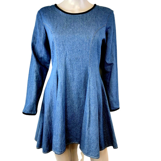 Vintage 90s Denim Mini Dress Women Small Medium Black Velvet Lace Up 70s Formal