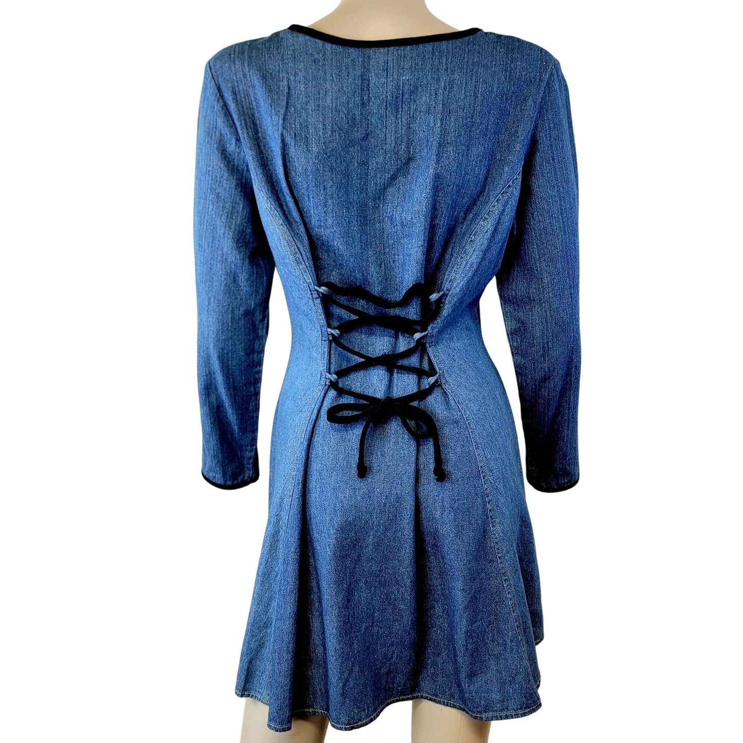Vintage 90s Denim Mini Dress Women Small Medium Black Velvet Lace Up 70s Formal