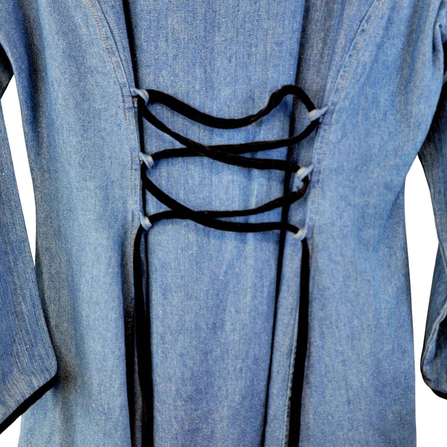Vintage 90s Denim Mini Dress Women Small Medium Black Velvet Lace Up 70s Formal