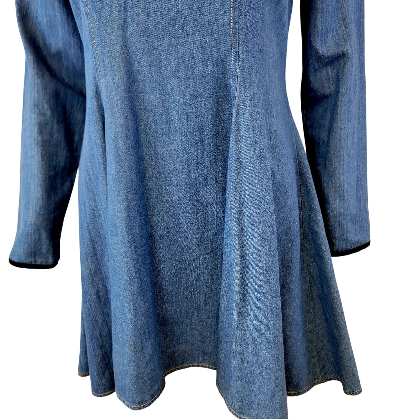 Vintage 90s Denim Mini Dress Women Small Medium Black Velvet Lace Up 70s Formal