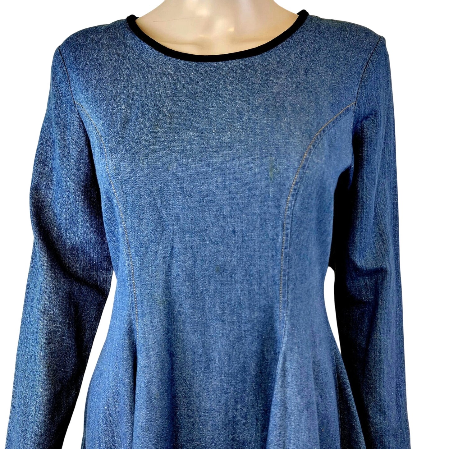 Vintage 90s Denim Mini Dress Women Small Medium Black Velvet Lace Up 70s Formal