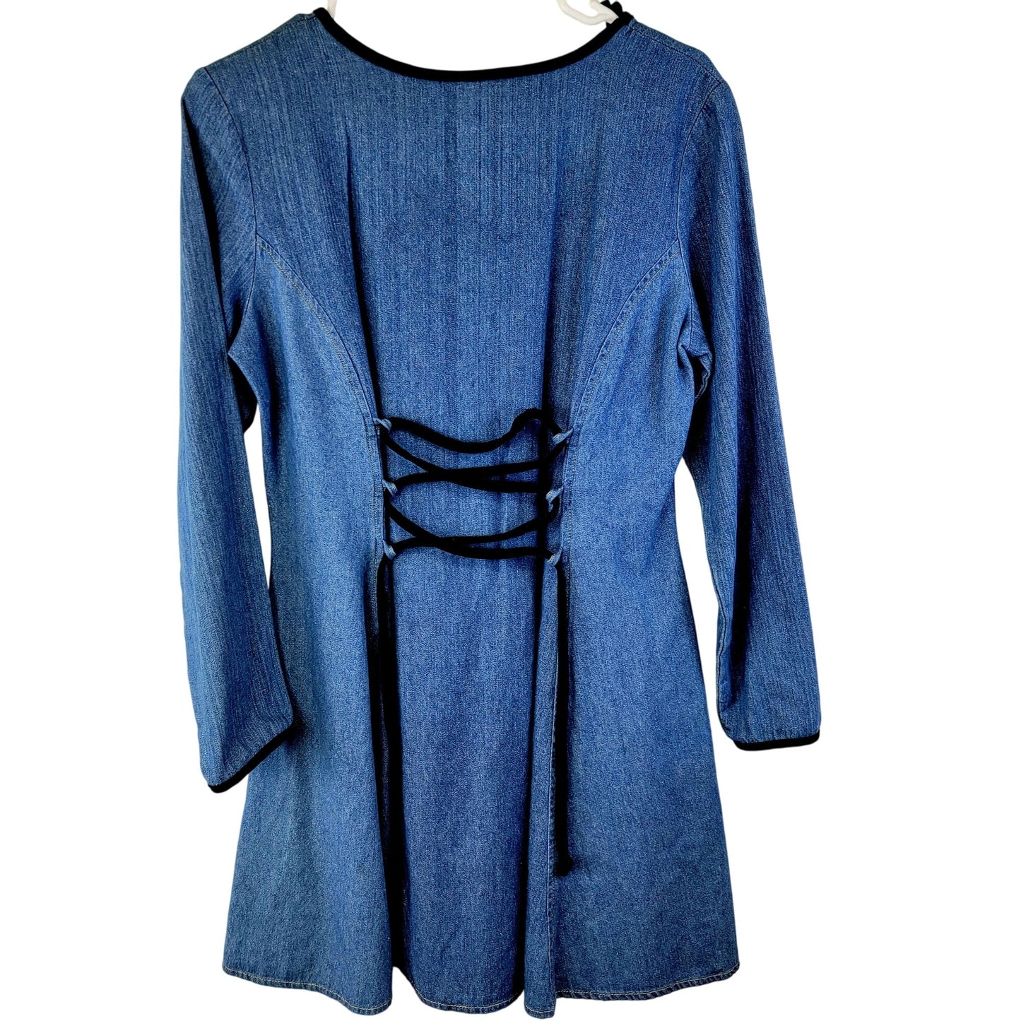 Vintage 90s Denim Mini Dress Women Small Medium Black Velvet Lace Up 70s Formal