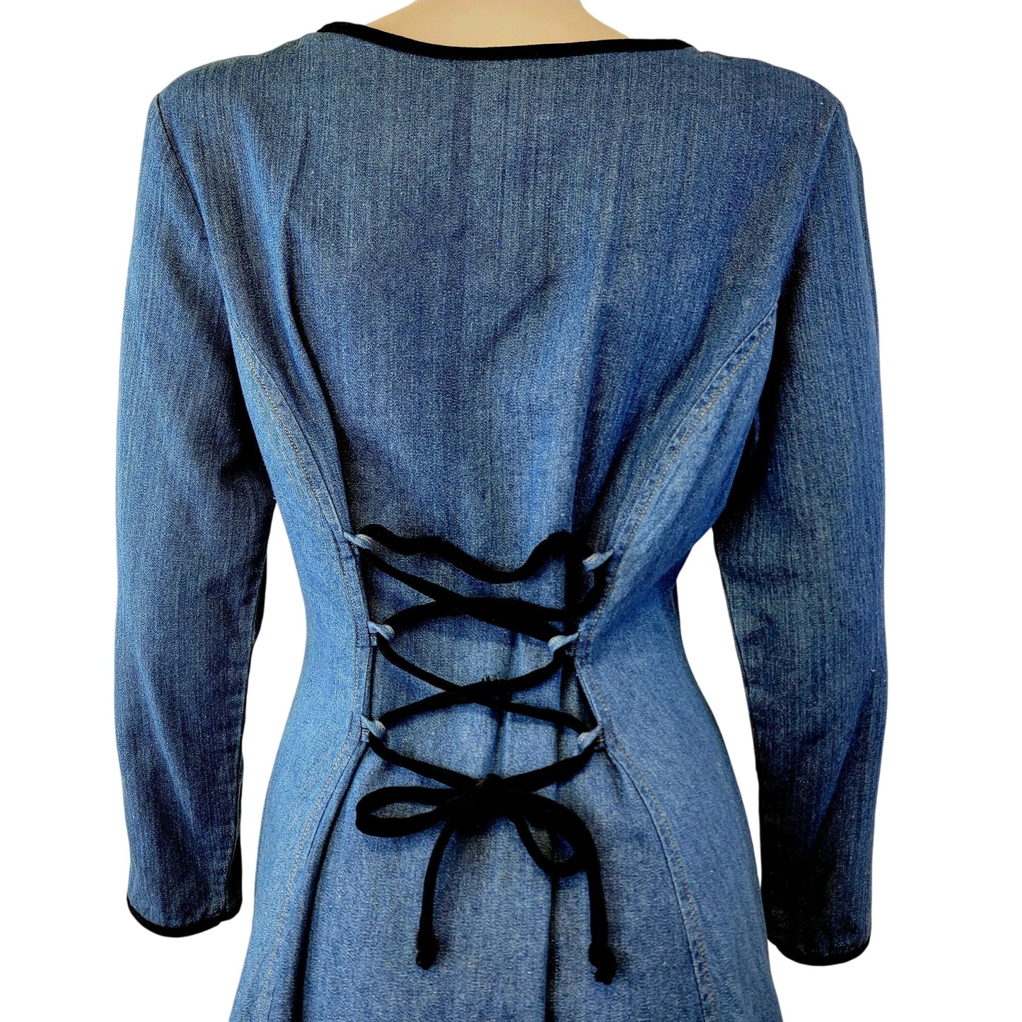 Vintage 90s Denim Mini Dress Women Small Medium Black Velvet Lace Up 70s Formal