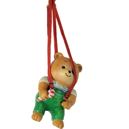 Enesco Vintage 1987 Christmas Tree Ornament Hanging Teddy Suspenders Box 80s Decor