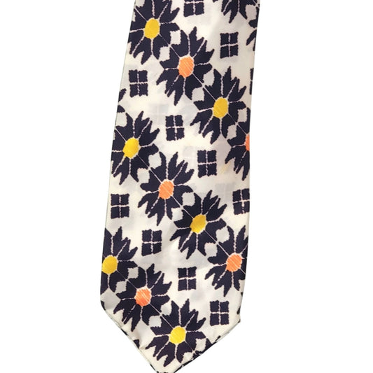 Vintage 70s Silk Neck Tie Men Accessories Geometric Floral Sun Yellow Orange Wine