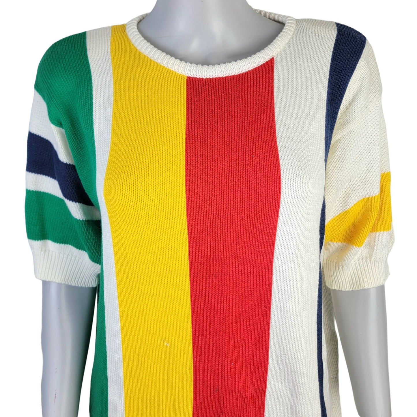 Vintage 80s Sweater Shirt Women Large Knit Primary Stripe Cream Blue Red