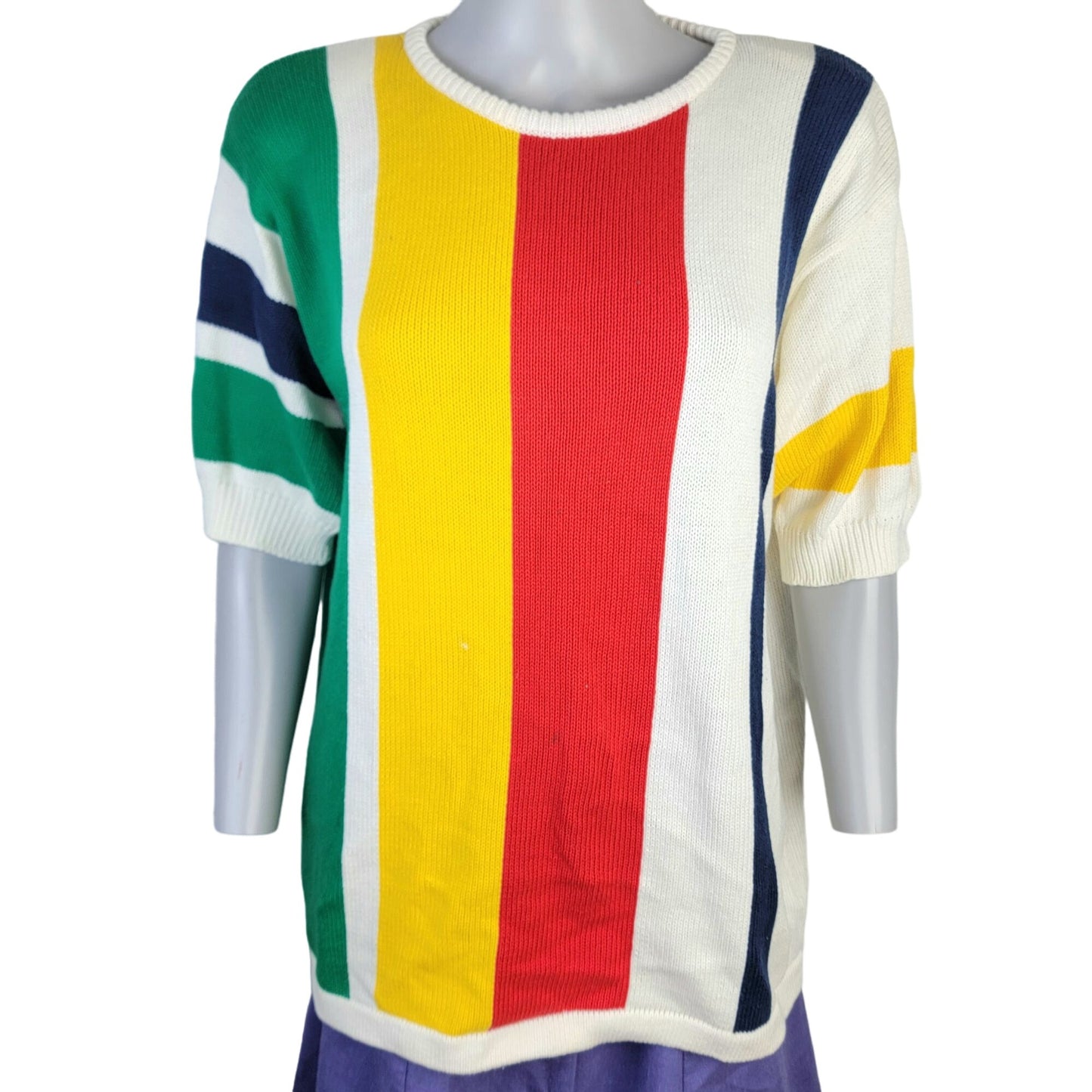 Vintage 80s Sweater Shirt Women Large Knit Primary Stripe Cream Blue Red